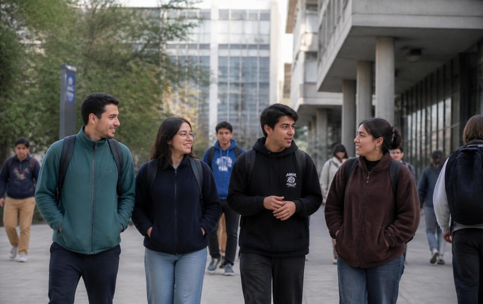 Estudiantes conversando en un campus universitario chileno