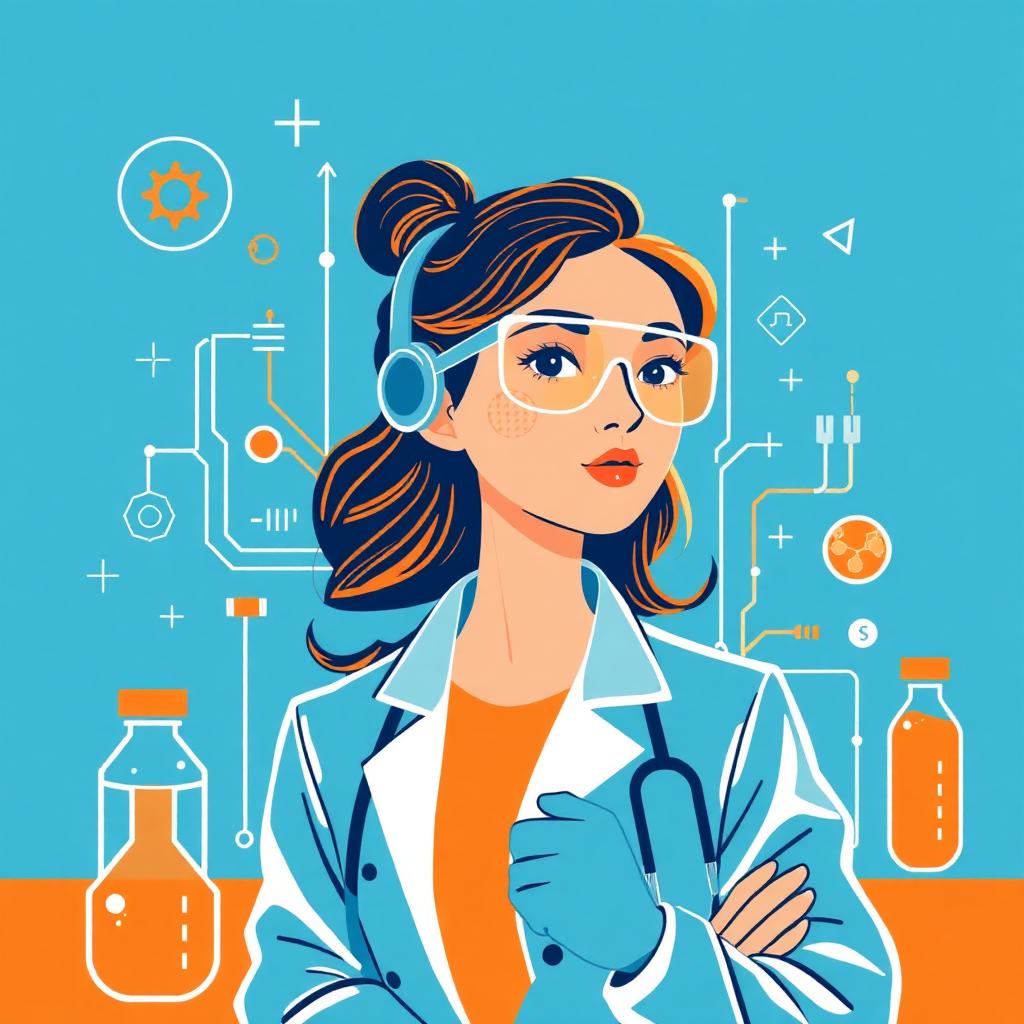 Joven científica rodeada de símbolos de ciencia y tecnología