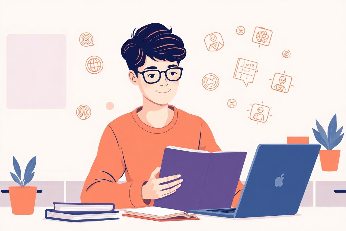 Joven estudiando frente a un laptop con iconos flotantes de inteligencia artificial, aprendizaje y habilidades humanas