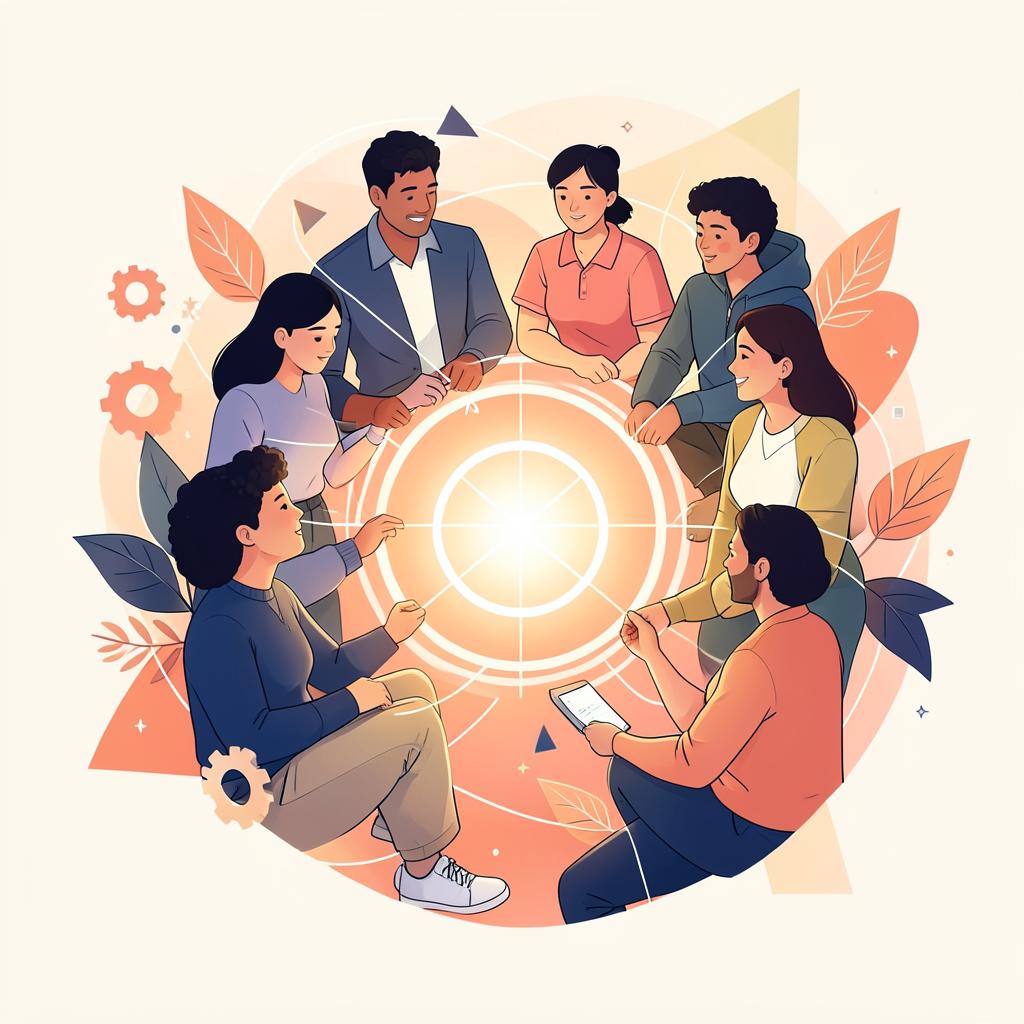 Diversas personas colaborando en torno a una idea central, con elementos de organización, conexión y transformación