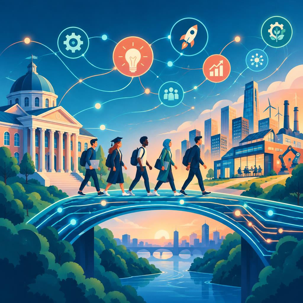 Estudiantes cruzando un puente desde una universidad hacia un ecosistema de innovación, emprendimiento e industria
