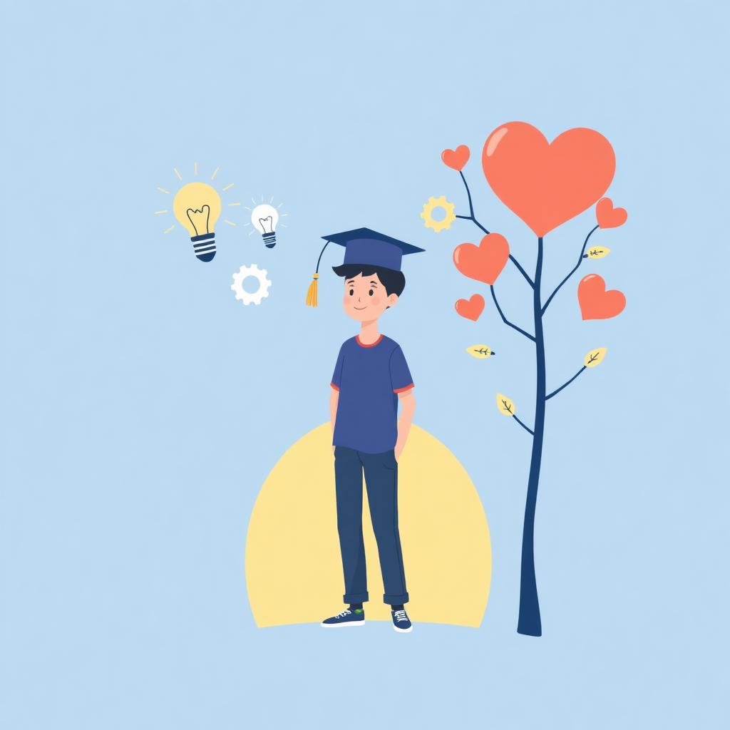 Joven graduado junto a un árbol de habilidades blandas como corazones, ideas y engranajes