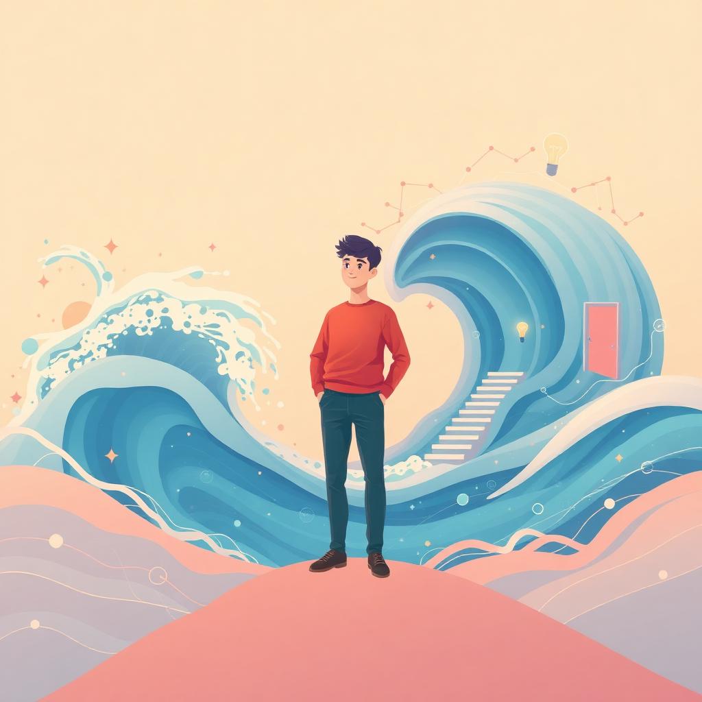 Joven mirando un horizonte digital de oportunidades y turbulencia tecnológica, con formas abstractas de inteligencia artificial